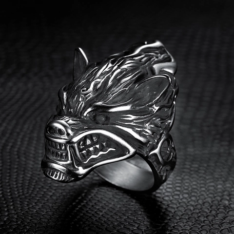 Wolf Head Ring Stainless Steel Viking Punk Biker Vintage Silver Black Carved Animal Statement Jewelry For Men Boys
