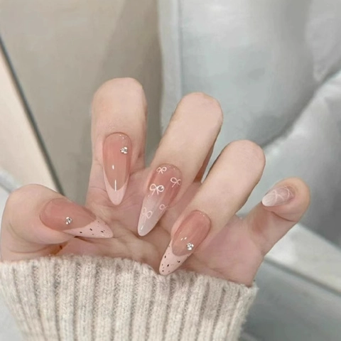 Press On Nails French Bowknot Rhinestone Gradient Pink Long Almond Shape Artificial Nails For Women Gentle Elegant Style