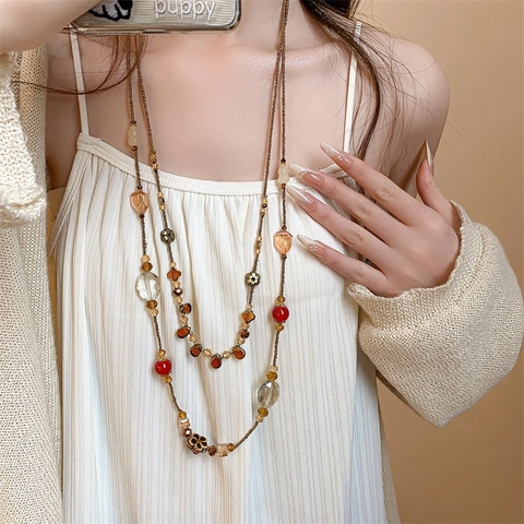 Vintage Long Sweater Chain Necklace With Resin Ceramic Flower Pendant Colorful Crystal Beads Layered Design Bohemian Style