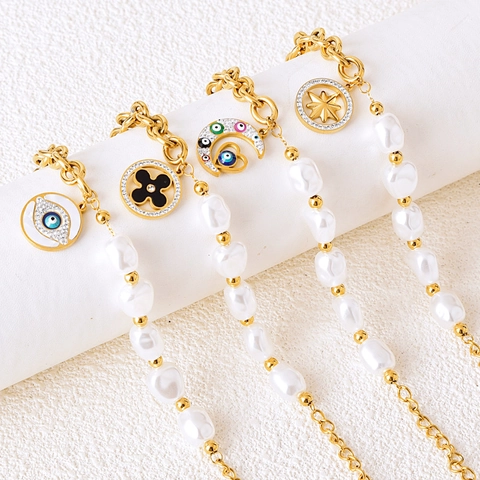 Bracelet En Acier Titane Künstliche Perle Baroque Avec Pendentifs Mauvais Oeil Lune Étoile Bijoux Mode Pour Femmes Élégant Plaqué Or Ajustable