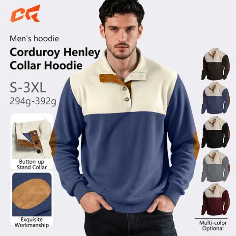 Felpa In Velluto A Coste Da Uomo Collo Henley Color Block Pullover Casual A Maniche Lunghe Con Toppe Sui Gomiti
