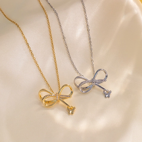 Elegante Collana Con Ciondolo A Fiocco E Farfalla Da Donna Strass Lucidi Acciaio Al Titanio Girocollo Gioielli Moda