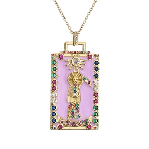 Collar Con Colgante De Carta De Tarot De La Muerte Cobre Con Circón Esmalte Colorido Joyería Gótica Mística Rectangular