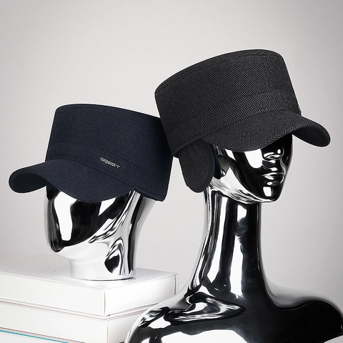 Men Winter Cadet Cap Polyester Fleece Lined With Ear Flaps Windproof Warm Flat Top Hat Adjustable Sport Metal Tag