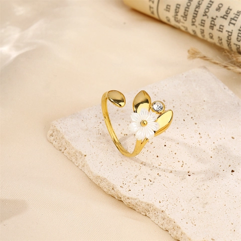 Vergoldeter Edelstahl Offener Ring Damen Eleganter Muschel Künstliche Perle Strass Blume Schmetterling Verstellbarer Schmuck