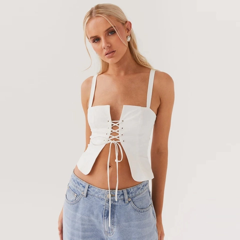 Women Sexy Lace Up Cropped Tank Top Solid Color Slim Fit Camisole Adjustable Straps Cotton Polyester Blend Streetwear
