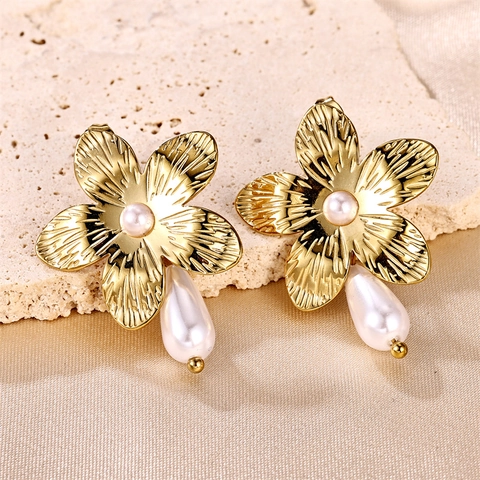 Flower Drop Earrings Stainless Steel 18K Gold Plated Brushed Texture Faux Artificial Pearl Elegant Jewelry For Women
