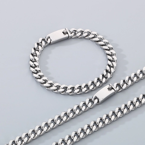 Set Di Gioielli Collana E Bracciale Maglia Cubana Da Uomo Acciaio Inossidabile Hip Hop Moda Streetwear