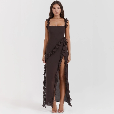 Vestito Maxi Senza Maniche Con Scollo Quadrato Orlo Con Volant Spacco Alto Elegante Abito Da Festa Estivo Da Donna Poliestere
