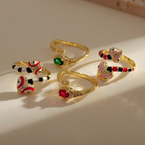 Vintage Schlangenkopf Herz Emaille Offener Ring Für Damen 18K Vergoldeter Kupfer Strass Auge Verstellbarer Schmuck Ring Geschenk