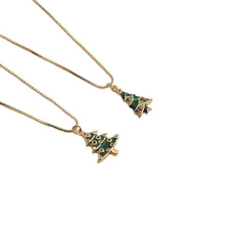 Christmas Tree Pendant Necklace Gold Plated Copper Colorful Cubic Zirconia Enamel Festive Holiday Jewelry Gift For Women
