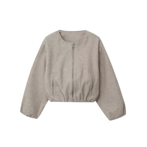 Chaqueta Casual de Cuello Redondo con Cremallera para Mujer Ajuste Holgado Color Sólido Manga Larga Abrigo Corto Otoño Streetwear