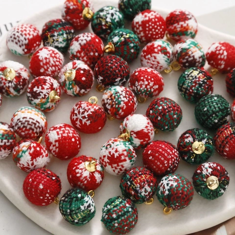 Christmas Fabric Ball Charms Plaid Pattern Round Cotton Pendants With Gold Ring For DIY Jewelry Making Earring