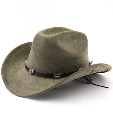 Sombrero De Vaquero Western Clásico Gamuza Ala Ancha Fedora Retro Con Banda De Cuero Decoración De Girasol De Metal Concha