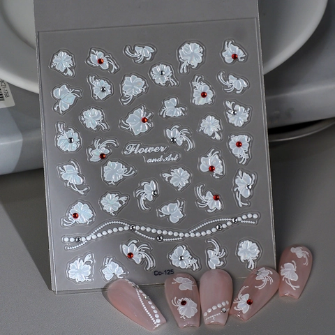 5D Embossed Nail Art Stickers White Camellia Butterfly Artificial Pearl Rhinestone 3D Self Adhesive Manicure Decals For Women