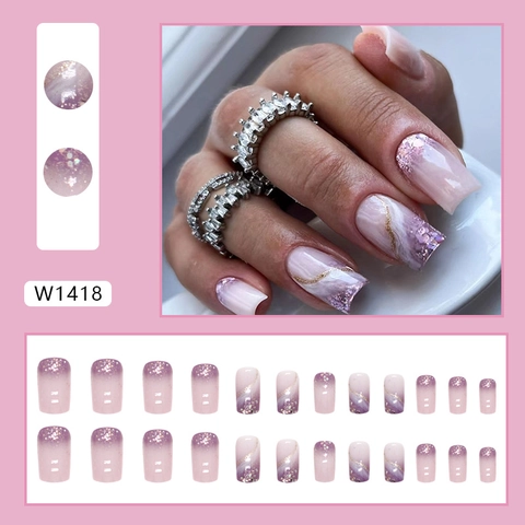 Purple Gradient Press On Nails Elegant Marble Texture Gold Foil Glitter Sparkle Square Fake Nails For Women Ins Style