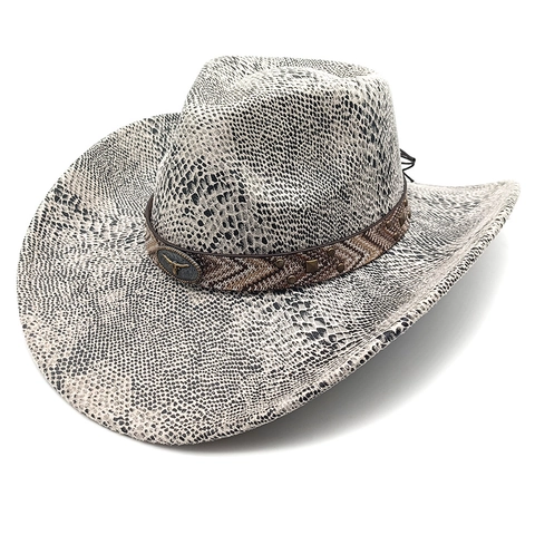 Cappello Da Cowboy Western Scamosciato Motivo Serpente Tesa Larga Con Decorazione Metallica Testa Di Toro Vintage Esterno