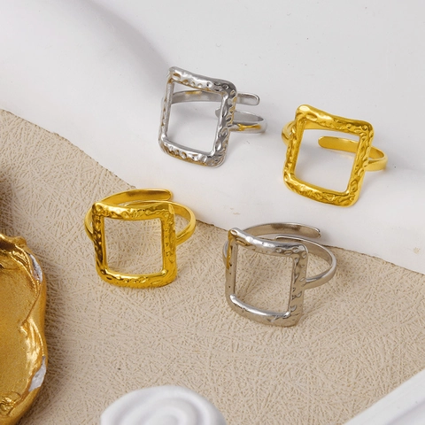 Geometric Square Ring 304 Stainless Steel 18K Gold Plated Hammered Texture Adjustable Open Band Minimalist Vintage Style For Women