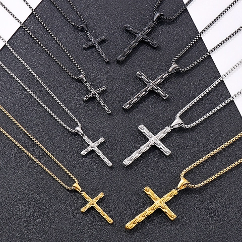 Men Cross Pendant Necklace Stainless Steel 316L Box Chain Brushed Texture Religious Punk Style Jewelry Streetwear Accessory