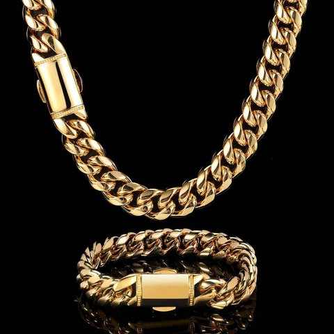 Set di Gioielli con Catena a Maglia Cubana Hip Hop in Acciaio Inossidabile per Uomo Collane e Bracciali Oro Argento