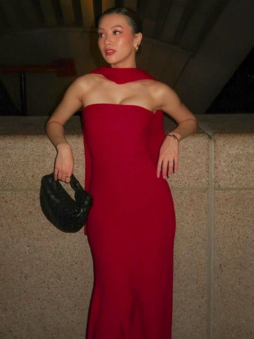 Trägerloses Maxikleid Gerippt Slim Fit Fischschwanzsaum Mit Passendem Schal Abendparty Bankett Einfarbig Damen