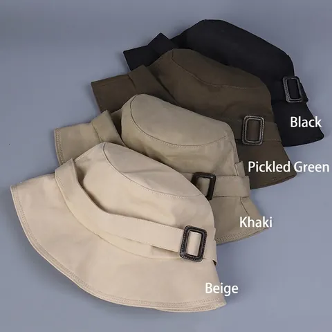 Bucket Hat Baumwolle Canvas Sonnenschutz Outdoor Flat Top Faltbar Leder Schnalle Dekoration Damen