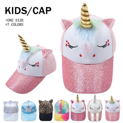 Kids Cartoon Animal Baseball Cap Cotton Satin Glitter Unicorn Cat Ear Sequin Butterfly Sun Adjustable Hat For Boys Girls