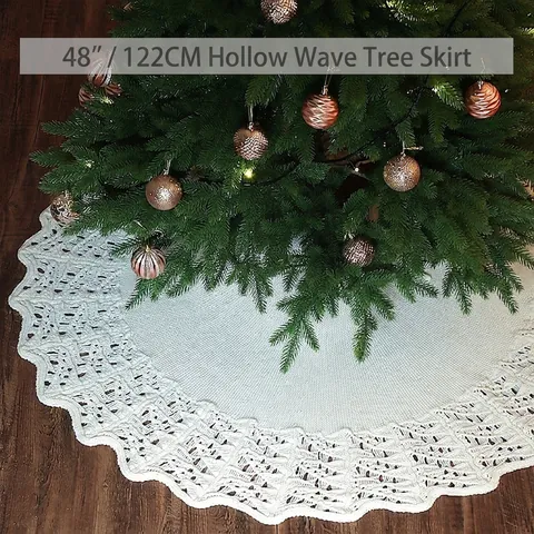 Knitted Christmas Tree Skirt Acrylic Hollow Wave Design Circular Floor Mat Festive Holiday Home Decor