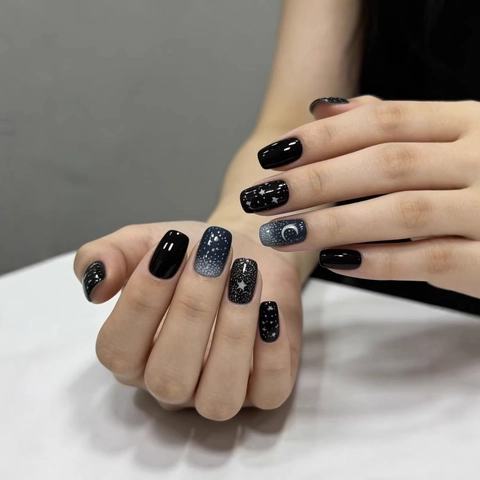 Uñas Postizas Brillantes Patrón De Estrella Y Luna Degradado Negro Azul Plástico ABS Forma Cuadrada Para Mujeres