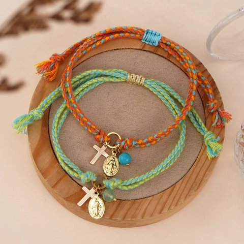 Handmade Braided Rope Bracelet Gold Cross Virgin Mary Medal Charm Semi-Precious Stone Bead Adjustable Religious Jewelry