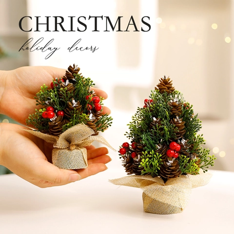 Mini Albero Di Natale Ornamento Da Tavolo Pigne Aghi Di Pino PE Bacche Rosse Base Di Iuta Decorazione Rustica Per Casa