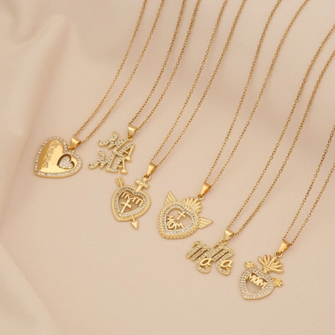 Mom Heart Pendant Necklace Gold Plated Stainless Steel Copper With Rhinestone Mama Lettering Jewelry Gift For Mother