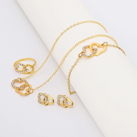 Gioielli In Lega Doppio Cuore Intrecciato Collana Bracciale Orecchini Anello Strass Intarsiato Elegante Romantico Per Donna