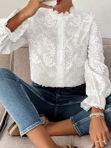 Elegante Dames Witte Kant Borduurwerk Blouse Lange Mouw Ruches Opstaande Kraag Polyester Top Shirt Voor Kantoor