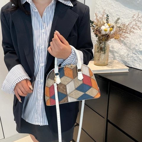Women Geometric Color Block Handbag PU Leather Stitching Shell Bag Fashion Top Handle With Adjustable Crossbody Strap