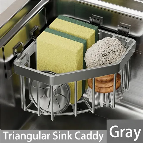 Triangular Sink Caddy Sponge Holder Stainless Steel Drainage Rack Kitchen Organizer Corner Storage Basket Punch Free