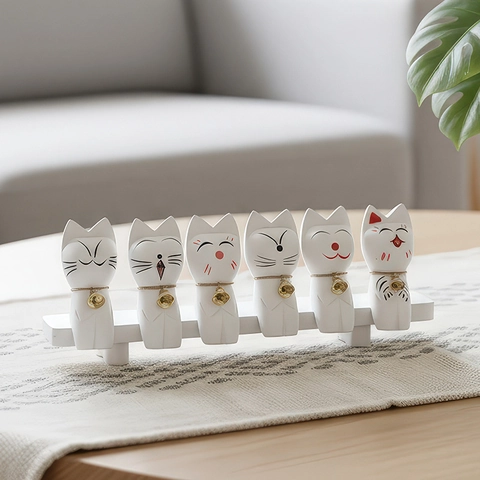 Wooden Cat Figurines Desktop Ornaments With Golden Bells Cute Expressions Home Office Decor Minimalist Style