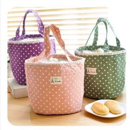 Polka Dot Katoen Linnen Geïsoleerde Lunchtas Met Kant Trekkoord Draagbare Thermische Bento Box Zakje Voor Vrouwen