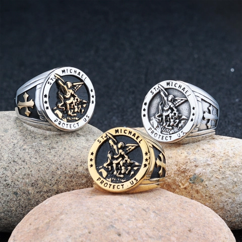 Archangel St Michael Signet Ring 316L Stainless Steel Religious Cross Shield Protection Retro Jewelry For Men