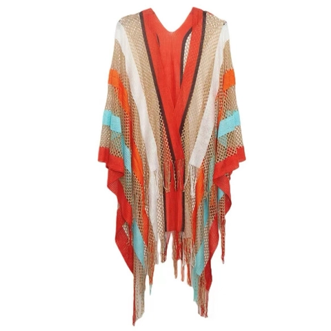 Scialle in Maglia a Righe Arcobaleno Bohemian da Donna Stile Etnico Scollo a V Poncho Traforato Mantella con Nappe Coprispalle Leggero