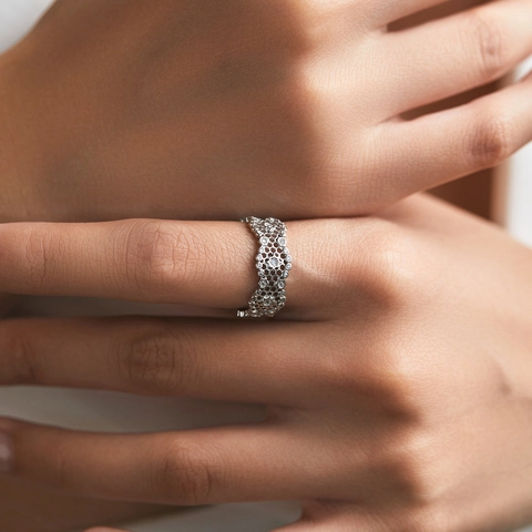 S925 Sterling Silver Honeycomb Hollow Ring For Women Geometric Inlaid Rhinestone Wide Band Personalized Fashion Jewelry Gift