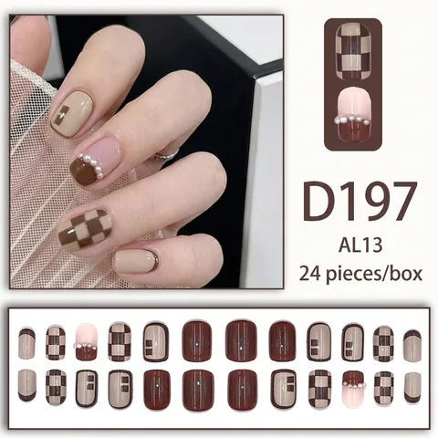 Short French Coffee Checkerboard Press On Nails With Artificial Pearl Rhinestone Removable False Nails For Women Daily Party Manicure Gift