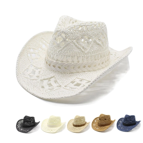 Western Retro Cowboy Hat Hollow Out Breathable Paper Straw Wide Brim Summer Beach Sunshade For Men Women