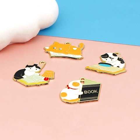 Cat Reading Book Charms Enamel Zinc Alloy For DIY Jewelry Making Keychain Pendant Cute Animal Cartoon Ornament