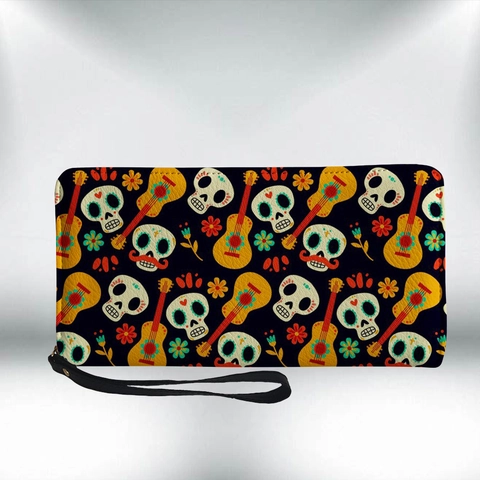 Lange Reißverschluss Geldbörse PU Leder Handgelenktasche Totenkopf Halloween Totentag Druck Mode Für Damen