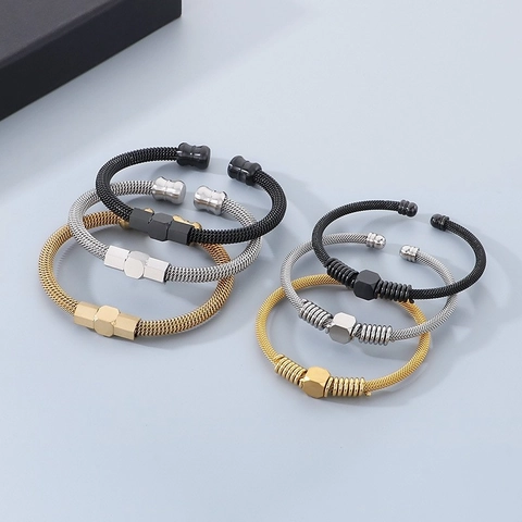 Bracciale Rigido Aperto In Acciaio Inossidabile Maglia A Cavo Ciondolo Esagonale Geometrico Gioielli Minimalisti