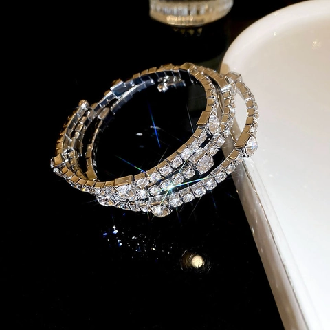 Bracciale Multistrato Con Strass Rame Geometrico Elastico Scintillante Lusso Elegante Gioielli Per Donne