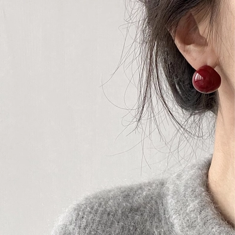 Vintage Wine Red Cherry Round Ball Stud Earrings For Women Copper Electroplated Enamel Glaze Sweet Minimalist Jewelry Gift