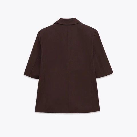 Blazer De Manga Corta Para Mujer Chaqueta Solapa Un Solo Pecho Color Sólido Casual Negocios Oficina Marrón