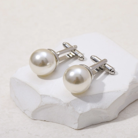 Classic Alloy Artificial Pearl Cufflinks For Men Shirt Business Wedding Formal Geometric Round Cuff Links Jewelry Gift